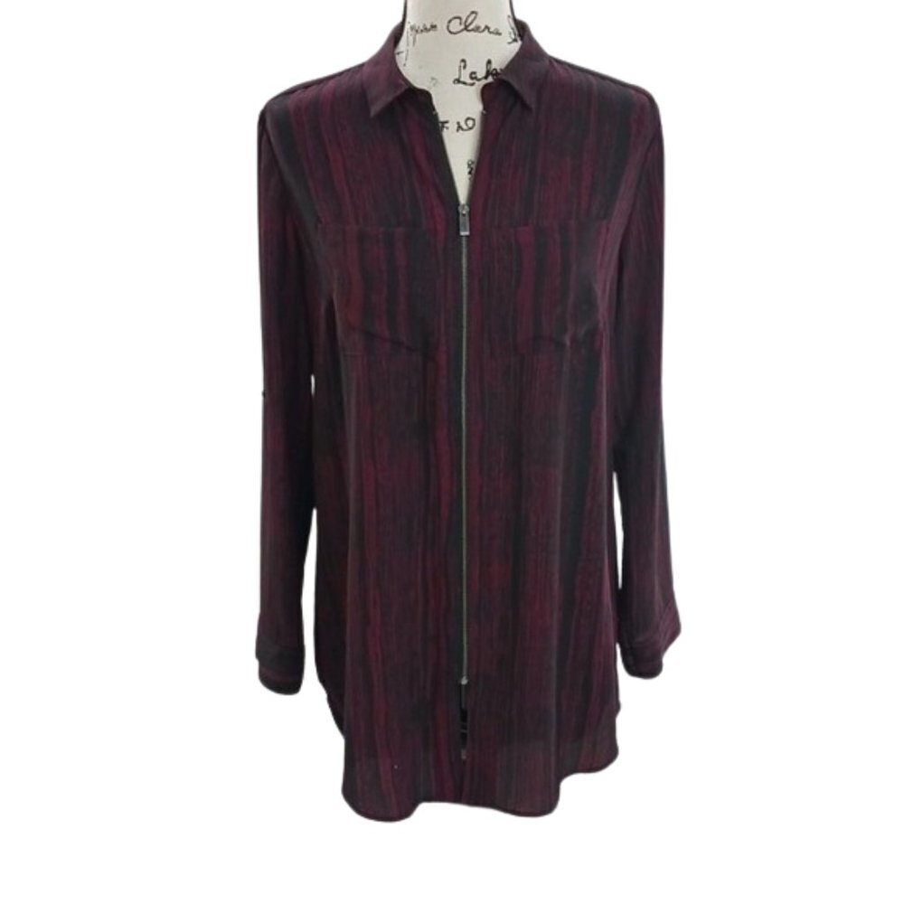 Rock & Republic Tunic Blouse Burgundy Black Full Zip Collared Womens Size S